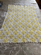 Vintage Hand Crocheted Baby Afghan, 31" x 40", Yellow and White