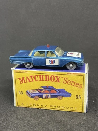 Matchbox Lesney #55 Custom Ford Fairlane Police Car Silver Wheels Nice Repro Box