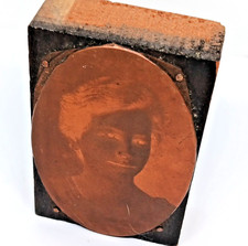 Antique Copper Printing Press Block - Female Portrait 2 In x 3 In Copper on Wood