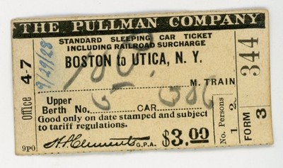 1928 Pullman Sleeping Car Ticket Boston to Utica, NY F75