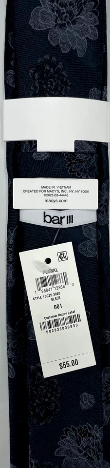 Bar III 男式丝绸混纺领带 ~ 黑色 ~ 花卉 ~ 全新 MSRP:55 美元。 — 第 3/3 张图片