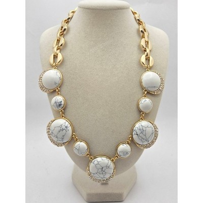 Talbots NWT Faux Howlite White Marble Gold Tone Statement Necklace 21''