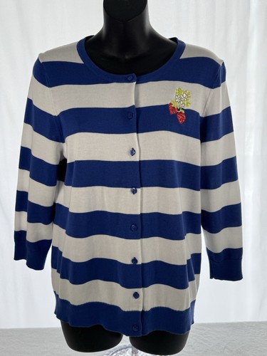 Womens Talbots Cardigan Large Petite Blue White Stripe Embroidered Strawberry - Picture 1 of 7