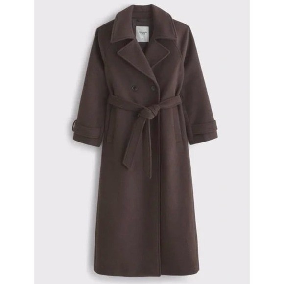 Abercrombie Women's Wool Blend Maxi Trench Coat Brown XS Tall NWT Belted Long
