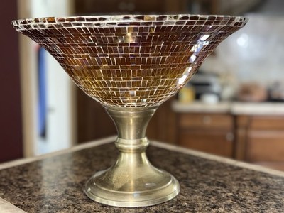 Vintage Mosaic Glass Pedestal Bowl Amber Gold Tile Centerpiece Decor Boho MCM
