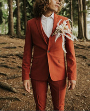 Men's Rustic 3 Piece Suit Slim Fit One Button Orange Wedding 3pc Groom Attire