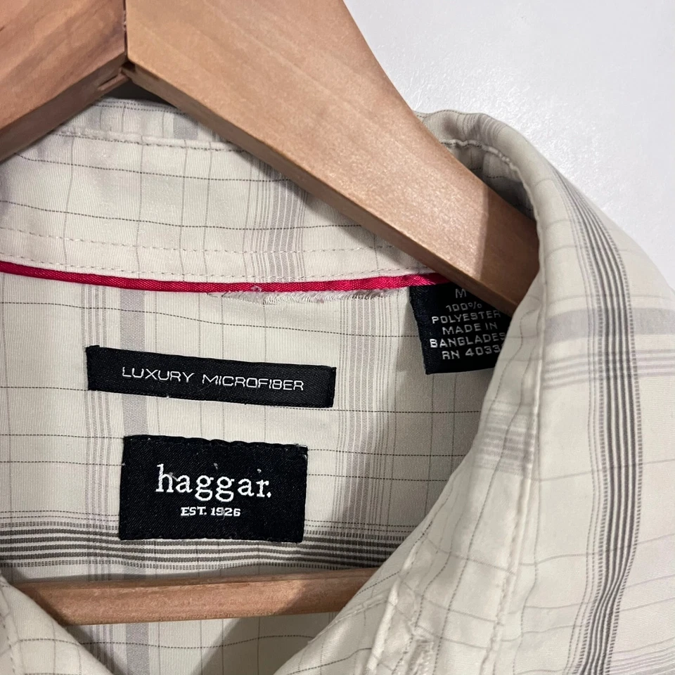 Camisa Haggar Para Hombre Talla M Beige A Cuadros Lujo Microfibra Manga Corta Abotonada Foto 3 de 4