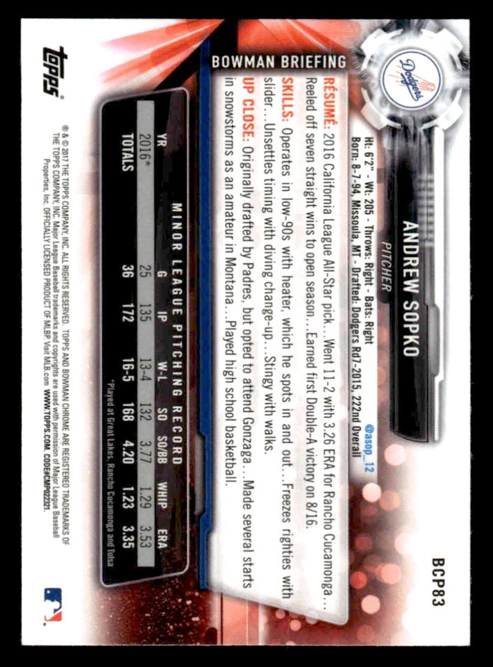 2017 Bowman #BCP83 Andrew Sopko Chrome Prospects High-Grade - Image 2 of 2