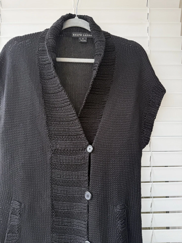 Cárdigan Ralph Lauren Etiqueta Negra Brillante Negro Grueso Punto Acanalado Lino Seda M Foto 3 de 4