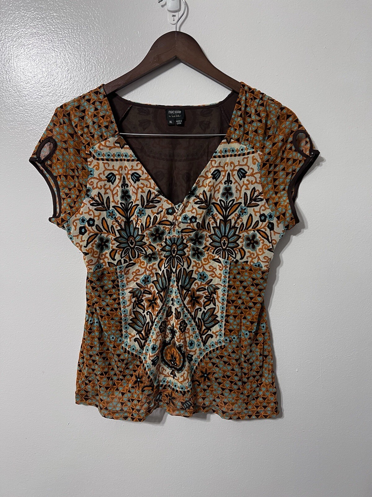 Y2K Nicole Miller XL Babydoll Top Colorful V-Neck Sheer Lined Vintage Indie EUC