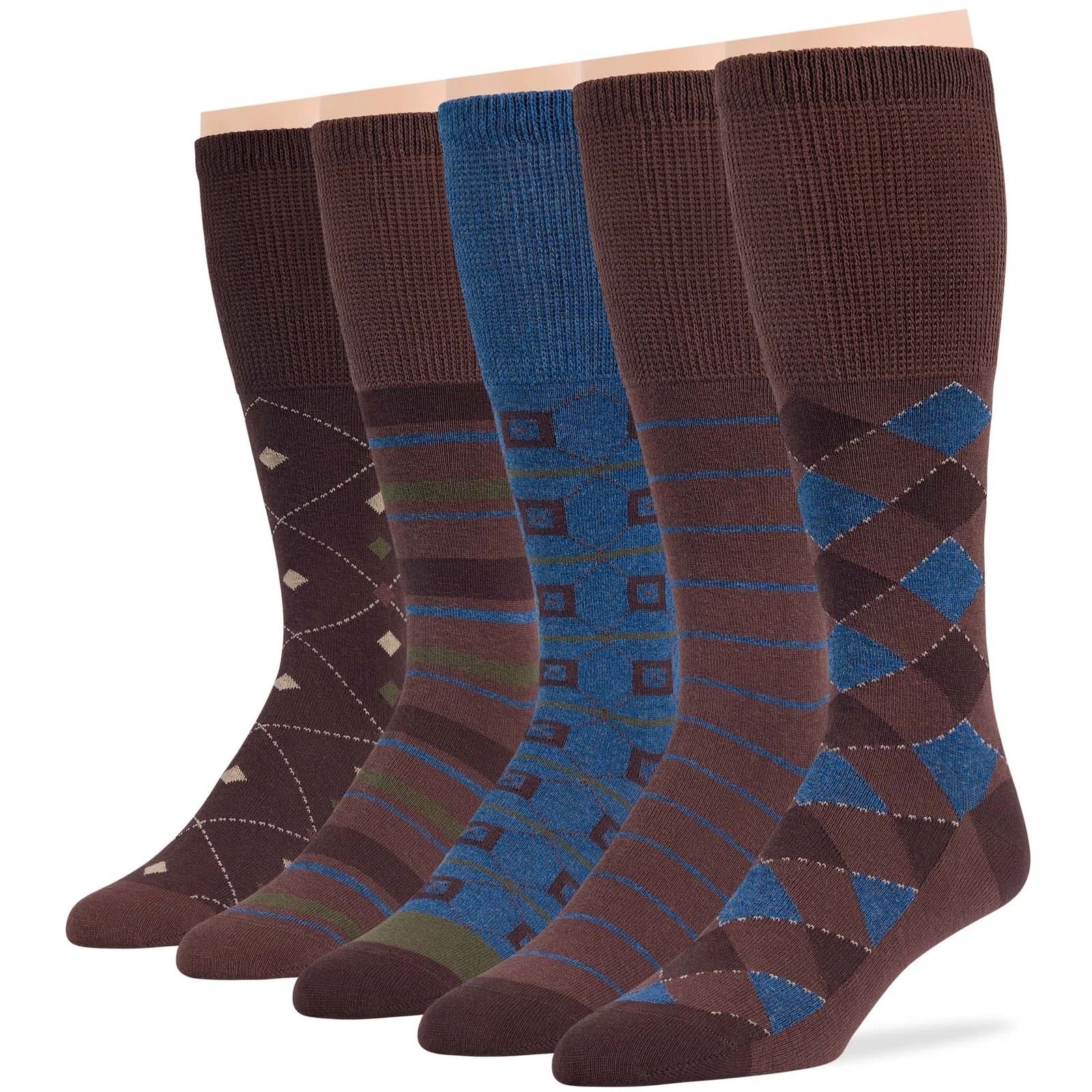 Men Diabetic Cotton Mid-Calf Socks 5 Pack XLarge Argyle Stripe Brown Denim Blue
