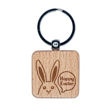 Peeking Bunny Happy Easter Engraved Wood Square Keychain Tag Charm