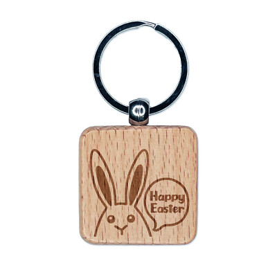Peeking Bunny Happy Easter Engraved Wood Square Keychain Tag Charm
