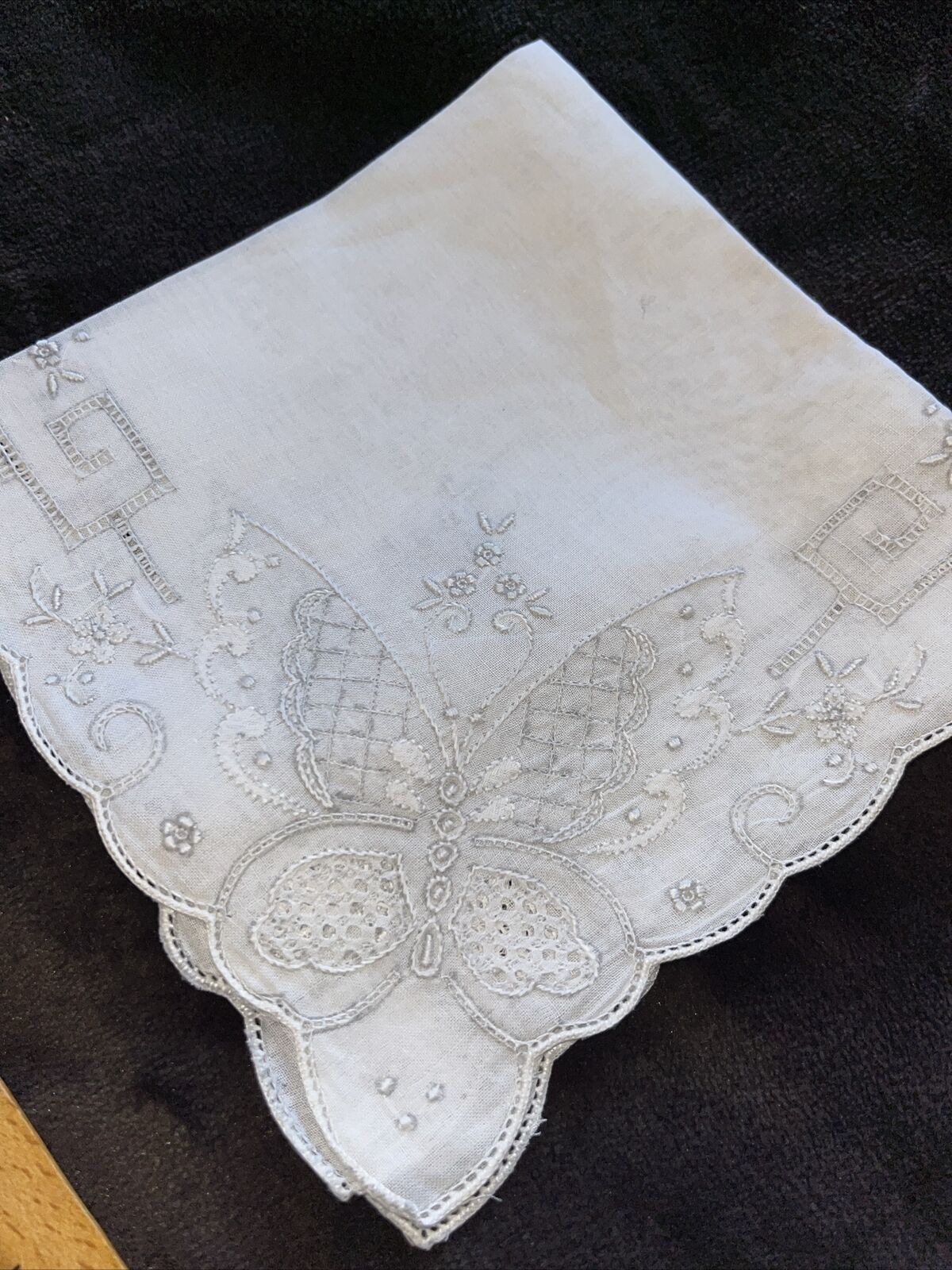 Linen Hanky Ornate Butterfly Floral Madeira Embro… - image 5