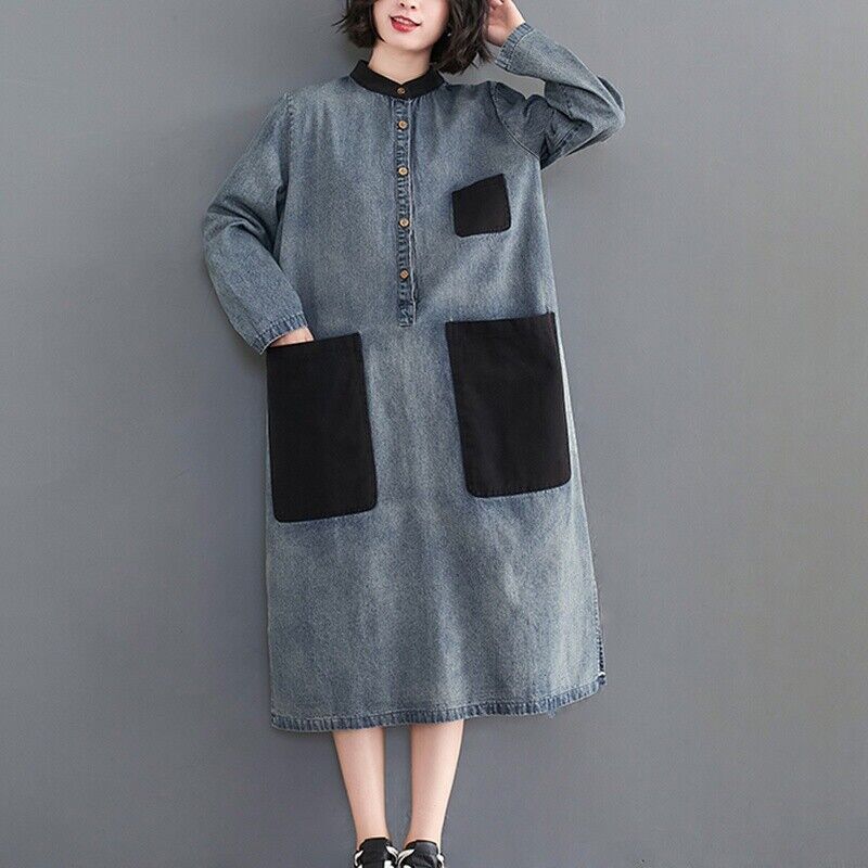 Womens Casual Jean Button Daily bargain sale Loose Midi Chic Long Denim Dresses Limited Special Price Sle