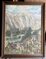 Oil painting landscape unreadable signed Alps frame around 1920 expressionist