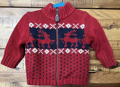 BabyGap Toddler Boy Zip Up Knit Cardigan Holiday Sweater Sz12-18m Reindeer  Print