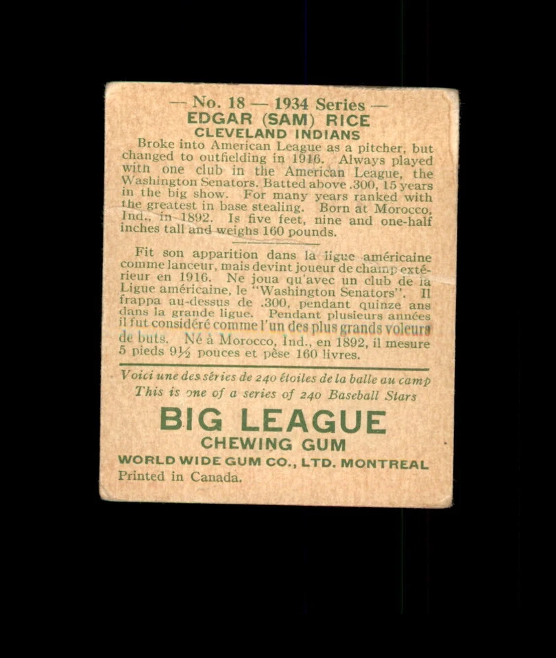 ⚾️ Tarjeta de 1934 World Wide Gum Canadian Goudey V354 #18 EDGAR (Sam) RICE Indians Foto 2 de 3