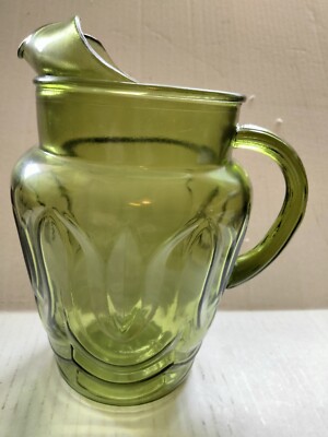 Anchor Hocking Glass COLONIAL TULIP Avocado Green Pitcher 80 oz Ice Lip Swag