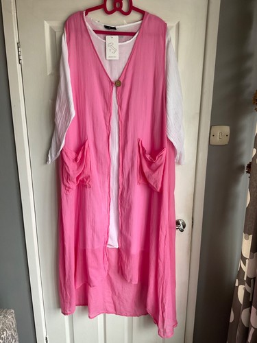 New Made in Italy Lagenlook Pink/White 2 Piece Waistcoat & Dress-One Size BNWT
