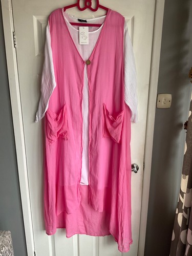 New Made in Italy Lagenlook Pink/White 2 Piece Waistcoat & Dress-One Size BNWT - Picture 1 of 13