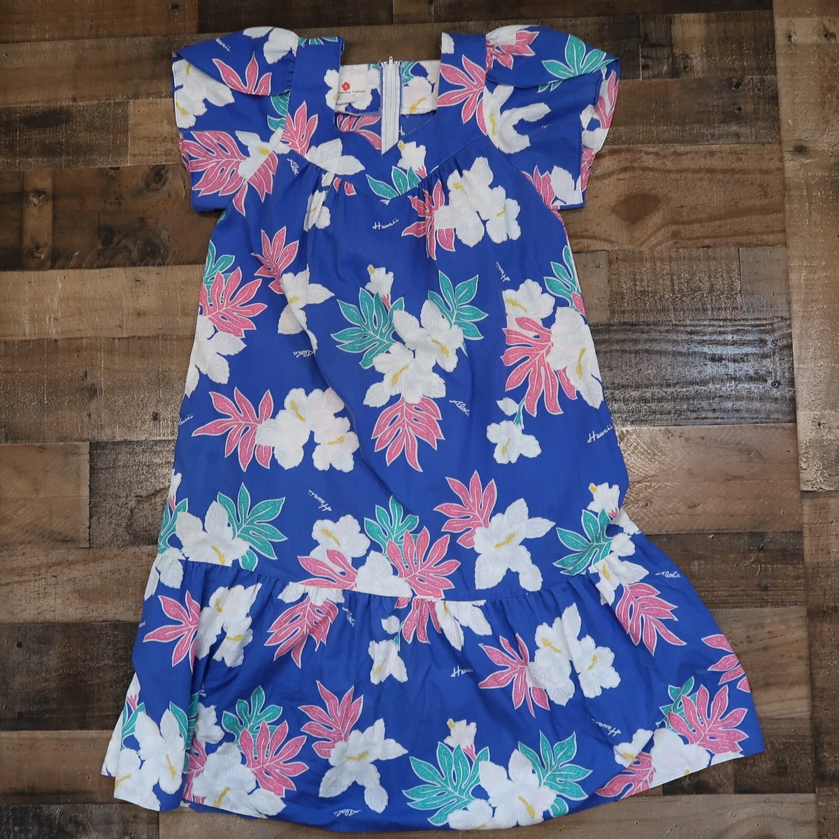 Aloha Hawaiian Fashions Womans Small Blue Floral MuuMuu Dress Tropical Hawaii