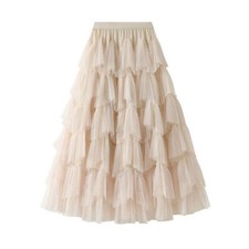 Women Layered Ruffles Tulle Skirt Elastic Waist Tutu Mesh Midi Tiered A-line