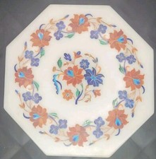 Azulejo hexagonal con incrustación floral decorativa de mármol blanco firmado numerado