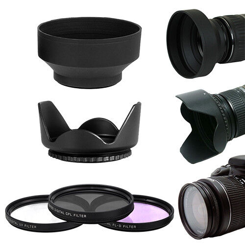 52MM 3 Piece Filter Kit & Lens Hoods for Nikon 18-55mm AF-S 55-200mm 50mm f/1.8D - Picture 1 of 10