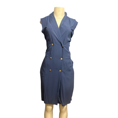 Esmara Women's Blue Sheath Dress V-Neck Sleeveless Knee Button Pockets 8