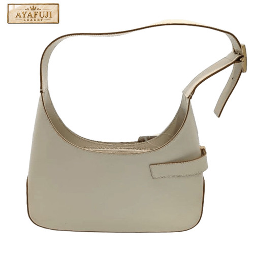 Salvatore Ferragamo Mens Womens Leather Hobo Bag Cream Off White Brown Trim
