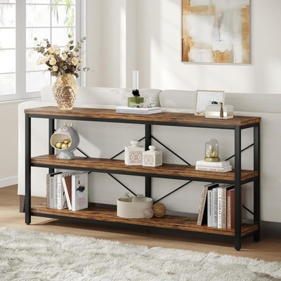 3-Tier Console Table, 55-Inch Industrial Sofa Couch Table with Storage Shelves