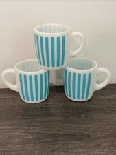 3 MCM Vintage HAZEL ATLAS Turquoise Candy Stripe Milk Glass Mug ~ FREE SHIP