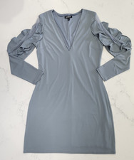 Express Women's Medium Long Sleeve Sheath Dress Swiss Dot Ruffle V-Neck Lined