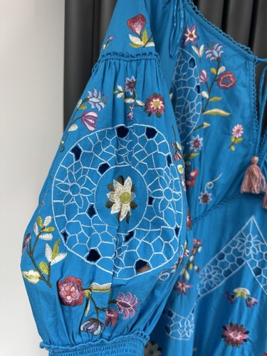 New Monsoon Tina embroidered blue knee length dress size 18 RRP £350 - Picture 5 of 8