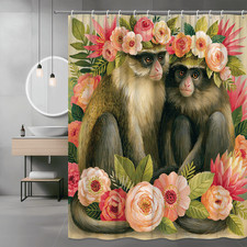 Monkey Floral Shower Curtain, Tropical Jungle Animal Print