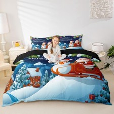 Santa Claus Bedding Sets Merry Christmas Duvet Cover Set Xmas Tree Snowman Co...
