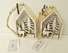 Hobby Lobby Rustic Country Ornaments Wood Cutout Deer Trees Set of 2 5"
