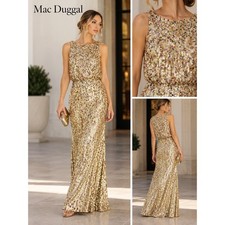 Mac Duggal 93645 Gold Sequined Sleeveless High Neck Formal Cocktail Gown Size 6