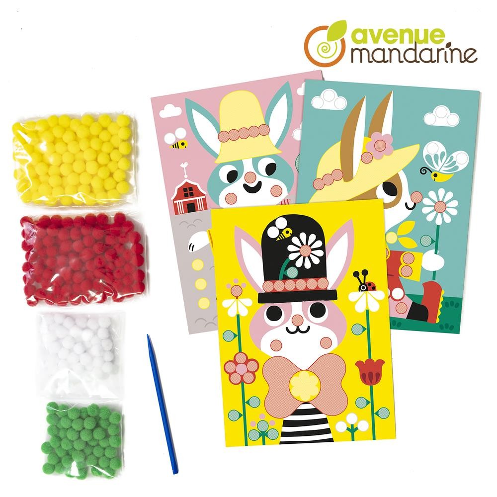 Coffret Créatif Pompons – 3 Tableaux Lapins à Décorer – 200 Pompons – Avenue Mandarine – Dès 3 Ans – Activité Manuelle Enfant