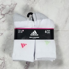 Adidas Girl's Cushioned Aeroready Crew Socks 6 Pack White Grey Size M 2Y-5Y NEW