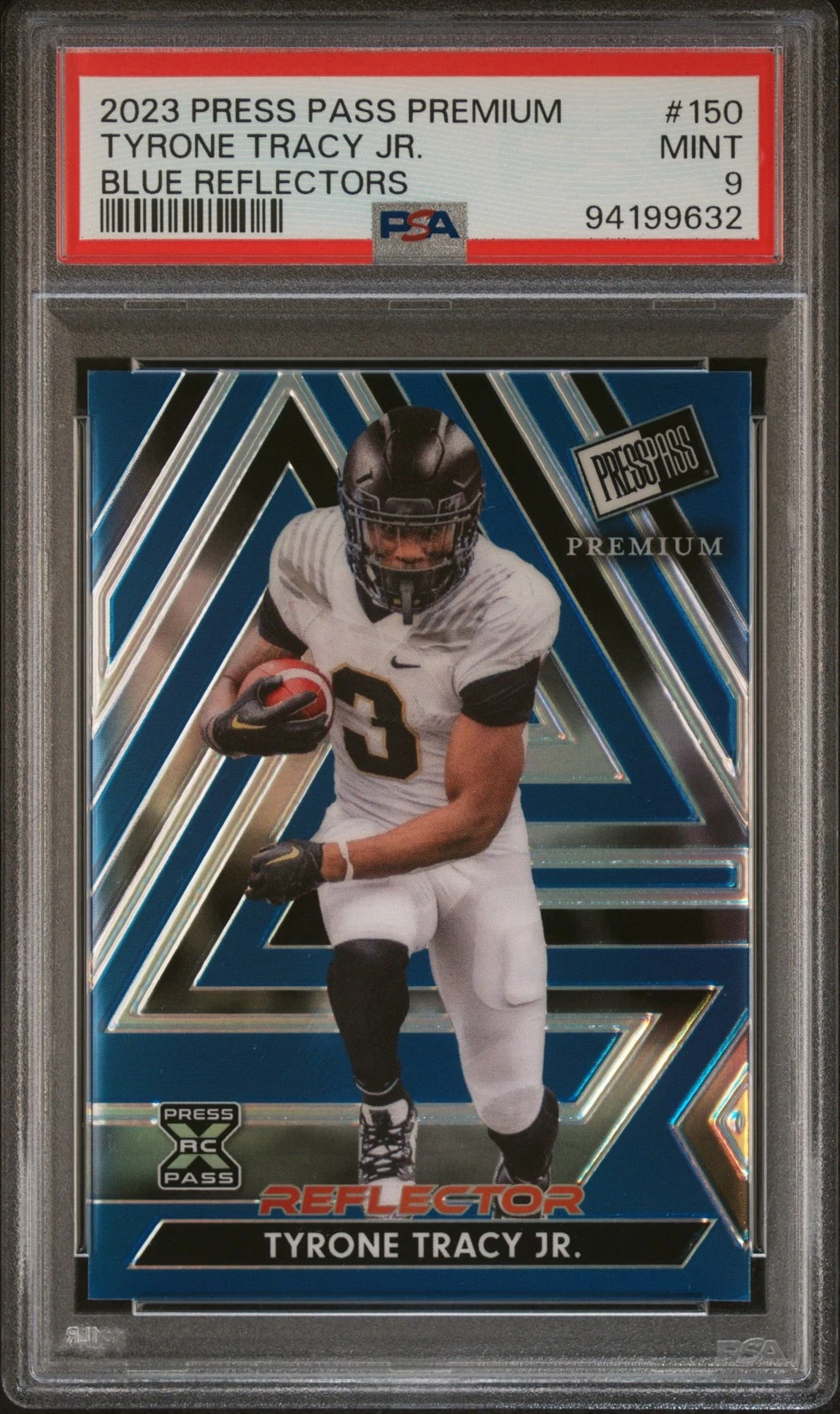 Tyrone Tracy Jr. Leaf Press Pass Premium #150 Blue Reflectors