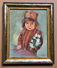 Cute original painting of a child with flowers by V. Shannahan done in 1985.