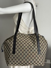 Vintage GUCCI GG Canvas Shoulder Bag Grey Black 1669 Large Tote Shoulder Bag