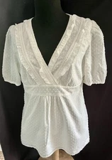 Ann Taylor LOFT White Dotted Swiss Elbow Length Sleeve Ruffled Blouse  - Size 4
