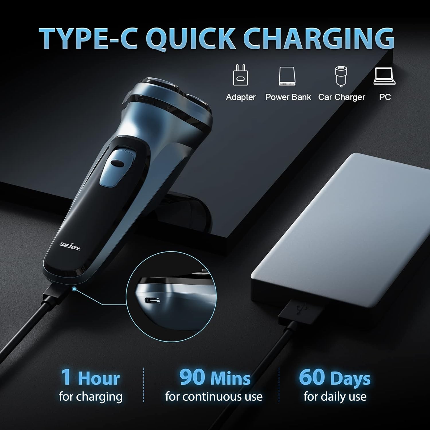 Sejoy TXD-BLASTO1 Mens Electric Shaver Razor for Men Face, Beard Trimmer, Blue