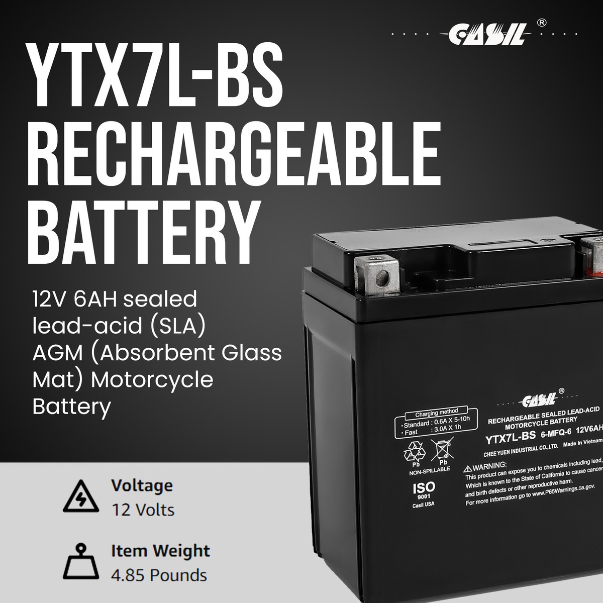 Batterie Lithium 12V 7Ah YTX7L-BS Pour Honda SH 125/150 (2001-2012) - Neuve