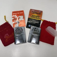 Set of 2 Vintage Jon-E Pocket Chrome Hand Warmers with Red Felt Bags Made In USA