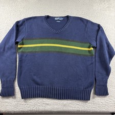 Vintage Polo Ralph Lauren Knit Sweater Mens Large V Neck Stripe Blue 90s Retro