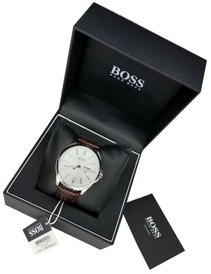 Hugo Boss Mens 42mm Leather Band - Water Resistant Quartz Silver